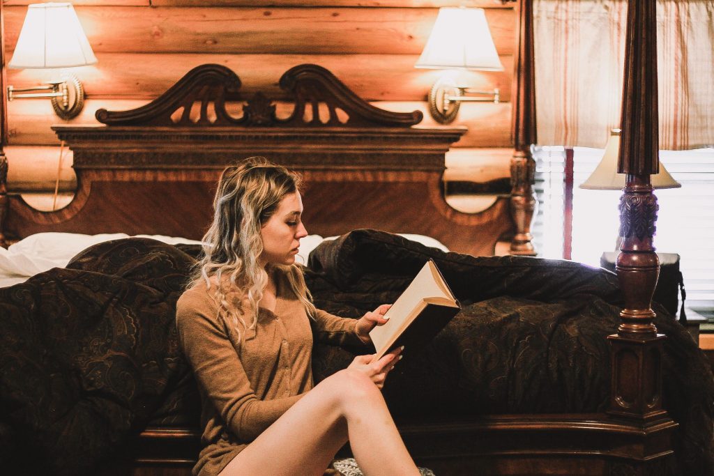 reading a book inside a cabin
